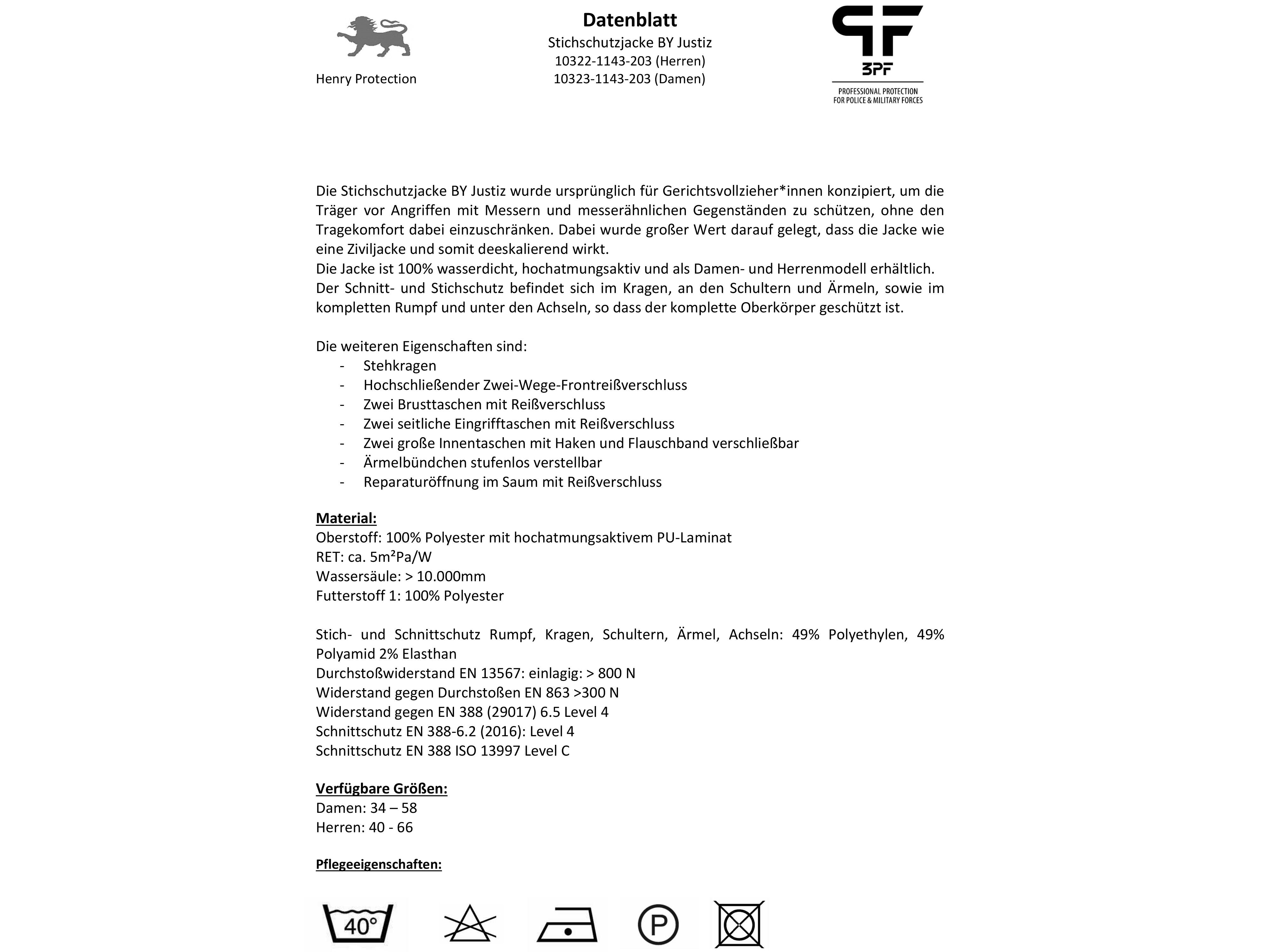 Datenblatt 3PF Stichschutzjacke BY Justiz, Herrenmodell, Material- und Schutzwerte, Pflegehinweise