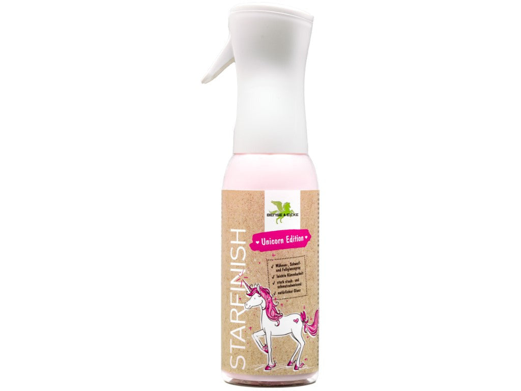 StarFinish Unicorn-Edition von Bense & Eicke ist ein Mähnen-, Schweif- und Fellglanzspray mit stark staub- und schmutzabweisender Wirkung – für einen glänzenden Auftritt