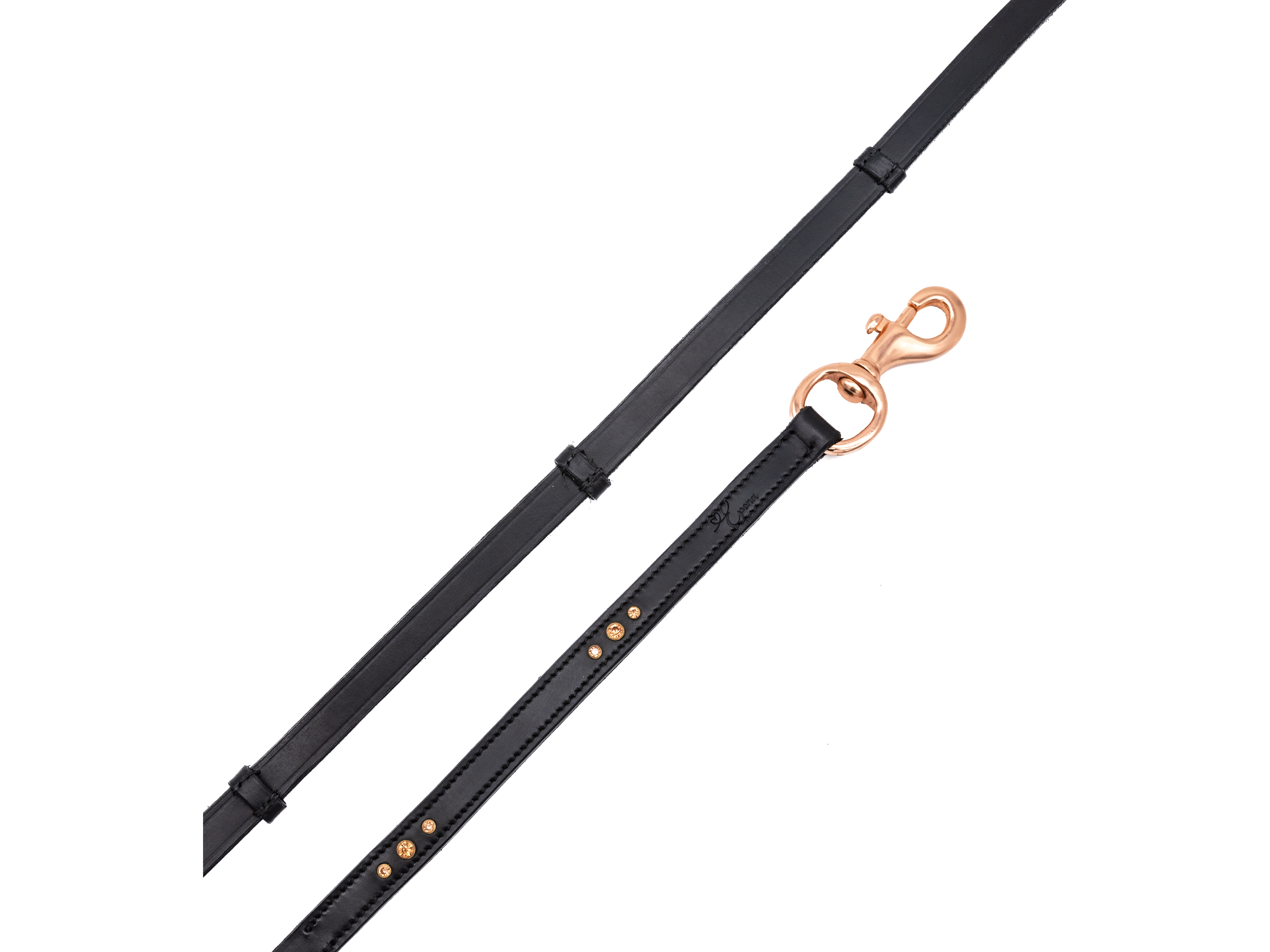 Die qualitativ hochwertigen Lederzügel von Epona, mit mit dekorativen roségoldenen Strass-Steinen, sorgen für einen glanzvollen Auftritt und passen hervorragend zu der anatomischen Trense roségold