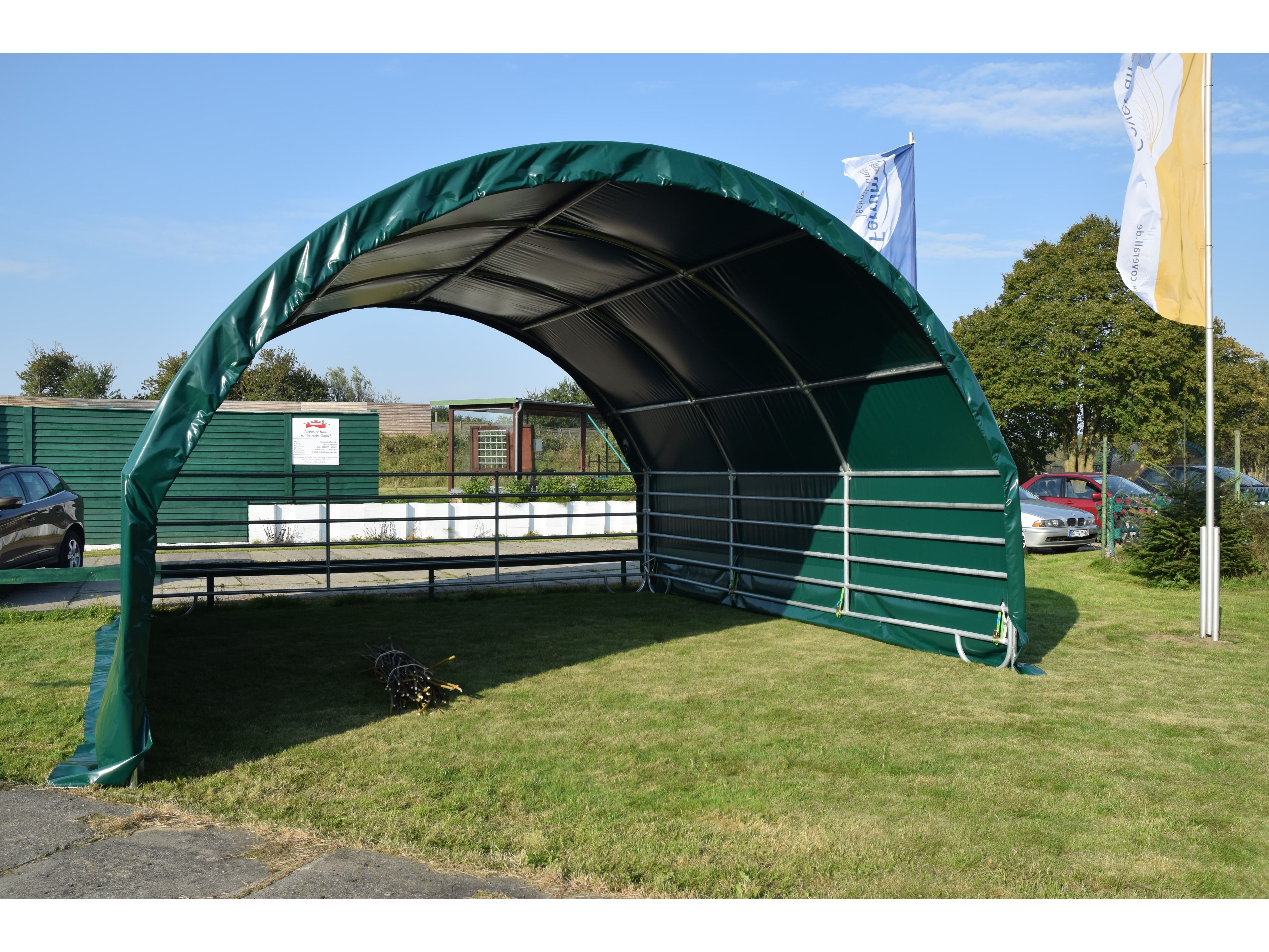 COVER ALL Mobile Cover Weideunterstand 6 x 6 m, dachfolie mit planenüberhang, giebel lang, giebel mit überhang, farbe grün