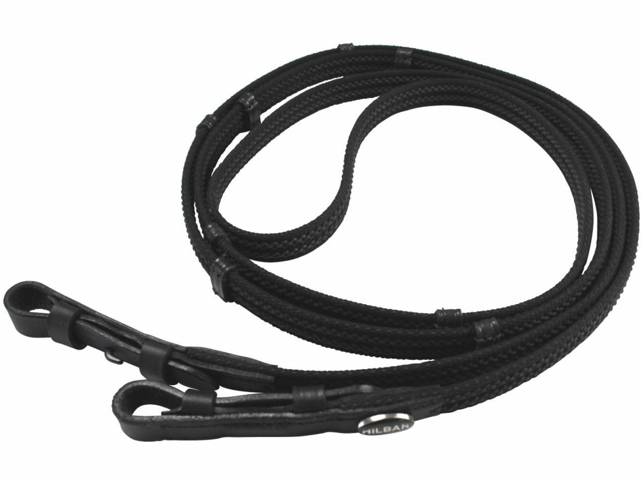 Der schwarze Stoffzügel mit eingearbeiteter, grauer Antirutschgummierung und zusätzlichen Stegen sorgt für eine optimale Griffigkeit Breite: 1,6 cm Länge: 240 cm Farbe: schwarz Sämtliche Zügel von Hilbar sind mit Zaumhaken versehen, können aber nach belieben mit Chromkarabiner oder Messingkarabinern erweitert werden.