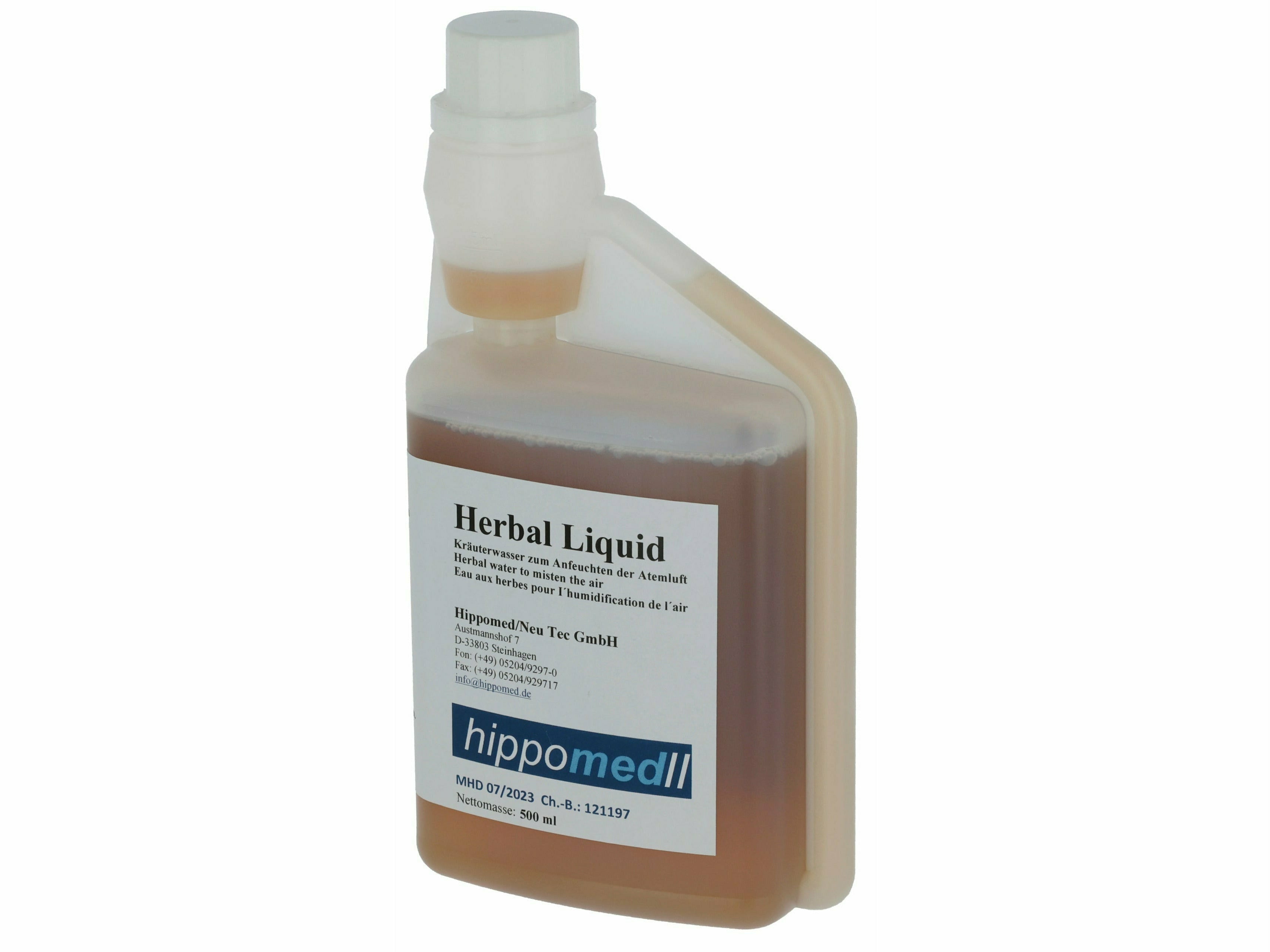 Kräuterwasser zum Anfeuchten der Atemluft für Pferde. Anwendungsempfehlung: 1 x täglich 10 ml Herbal Liquid mit 30 - 40 ml steriler 0,9 %iger Kochsalzlösung mischen und vernebeln oder verdampfen.