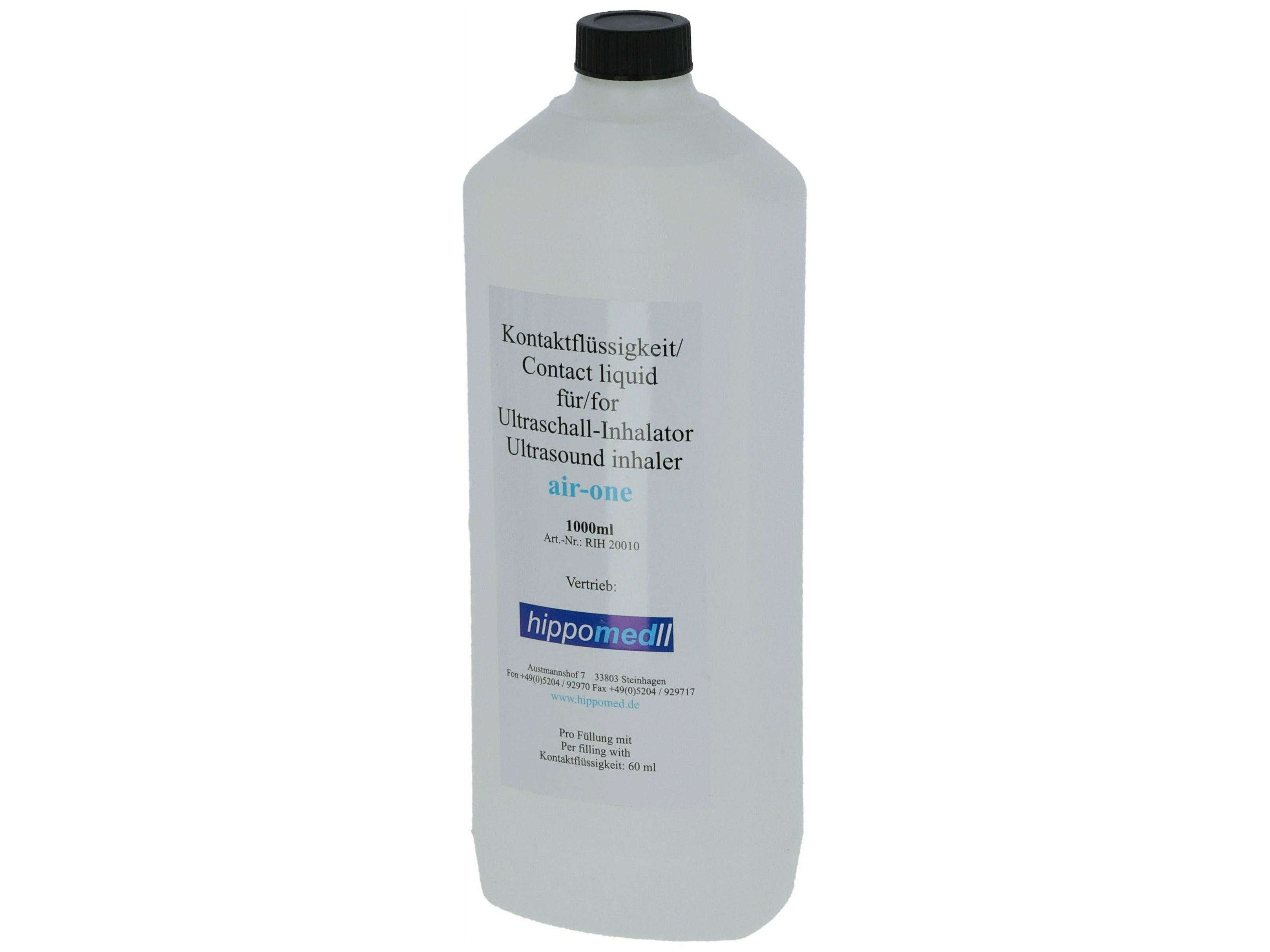 Hippomed Kontaktflüssigkeit für AirOne / AirOne Flex Zubehör für: Hippomed Air One Flex Akku-Ultraschall-Inhalator Hippomed Air One Ultraschall-Inhalator Lieferumfang: 1X Hippomed Kontaktflüssigkeit 1 Liter