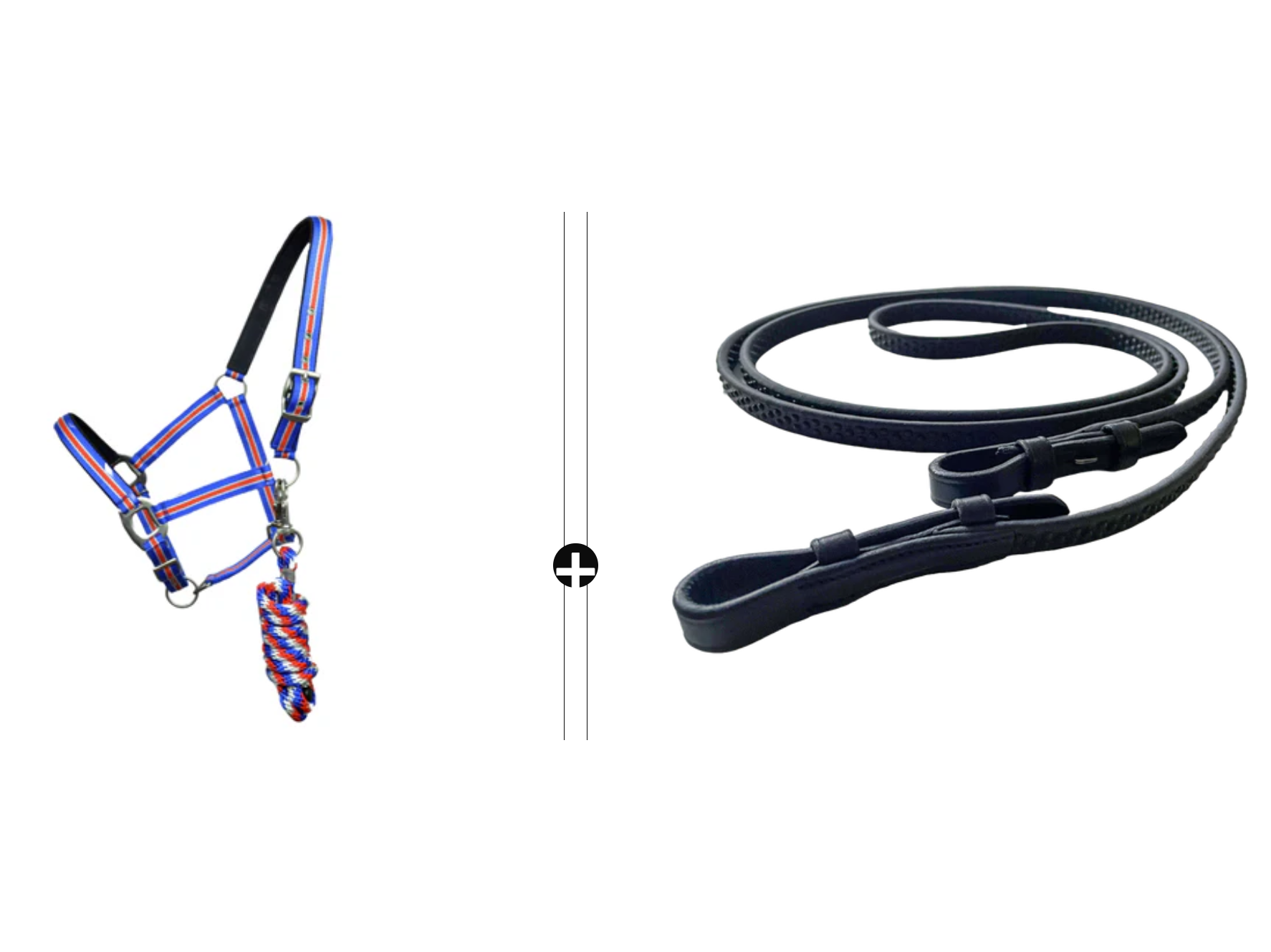 Sorge für den ganz&nbsp;besonderen Island-Look, mit dem verstellbaren Nylonhalfter und dem passenden Baumwollstrick&nbsp;in Islandfarben  Der gut in der Hand liegende, genoppte und mit Zaumhaken versehene Zügel, wird aus dem hochqualitativen und handfreundlichen Biothane® Material gefertigt
