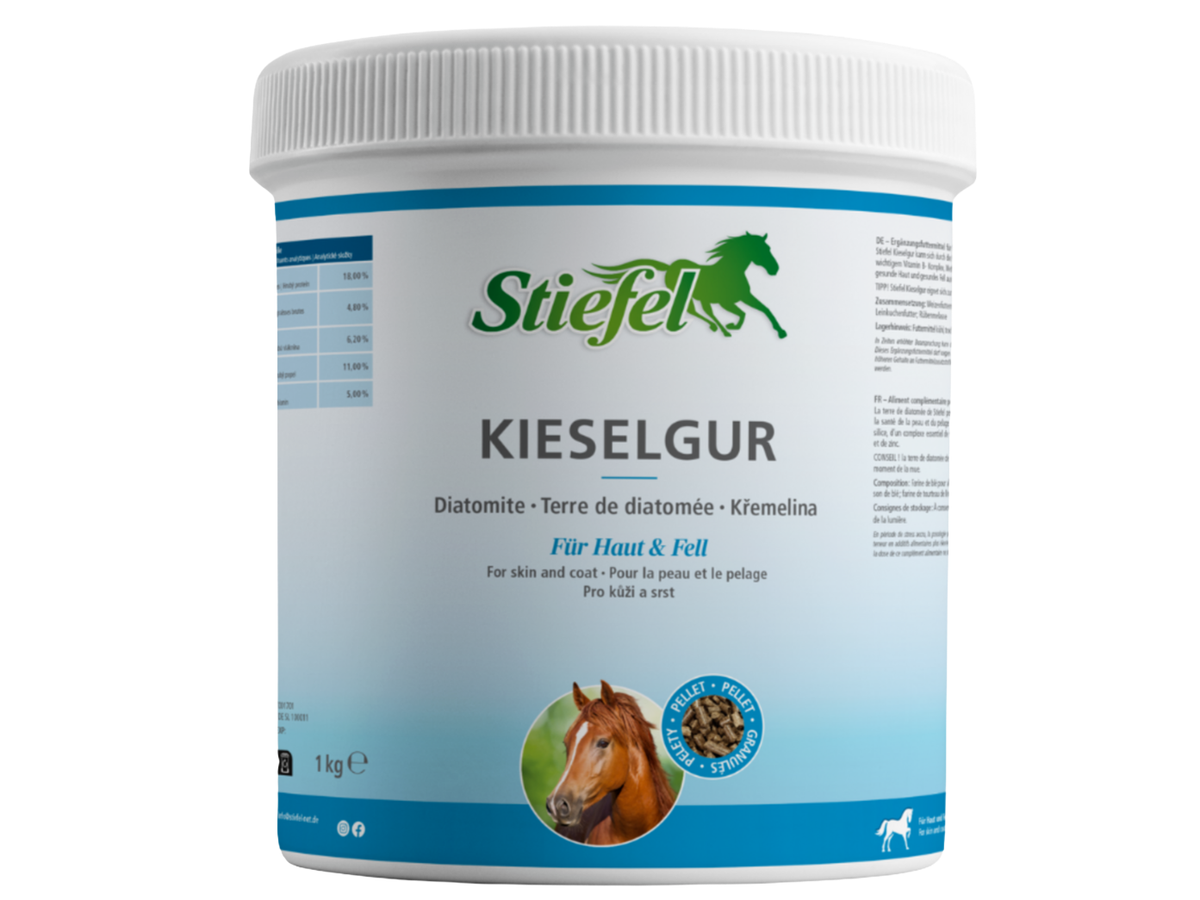 Stiefel Kieselgur für Haut und Fell
Stiefel Kieselgur kann sich durch die Kombination aus Kieselerde, wichtigem Vitamin B- Komplex, Methionin und Zink positiv auf gesunde Haut und gesundes Fell auswirken.
TIPP! Stiefel Kieselgur eignet sich zur Fütterung beim Fellwechsel.