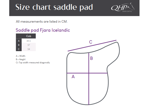QHP Größenskizze Fjara Icelandic: Cob, A 44,6 cm, B 57 cm, C 54 cm