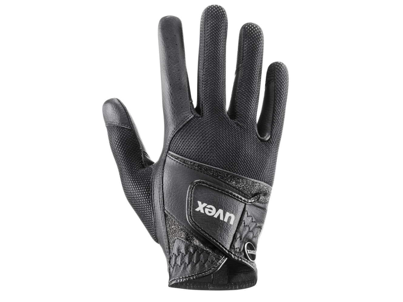 Der Reithandschuh Sumair Glamour von uvex&nbsp; bietet maximalen Halt und feines Zügelgefühl, dank rutschfestem PU-Material und atmungsaktivem Mesh –&nbsp; glänzendes Kunstleder und edle Glitzerdetails für alle, die ein gutes Händchen beweisen