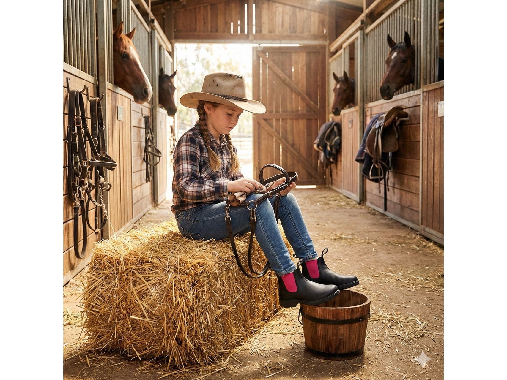 Yabbies Kinder Chelsea Boots schwarz pink, Lifestylefoto im Stall