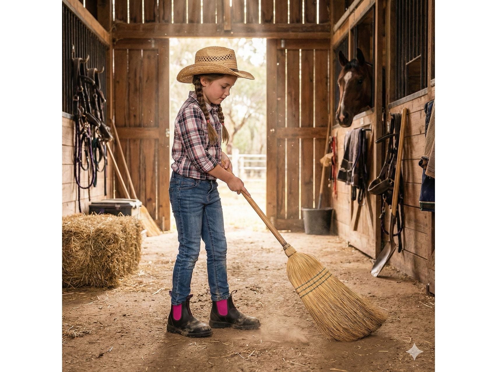 Yabbies Kinder Chelsea Boots dunkelbraun pink, Lifestylefoto im Stall