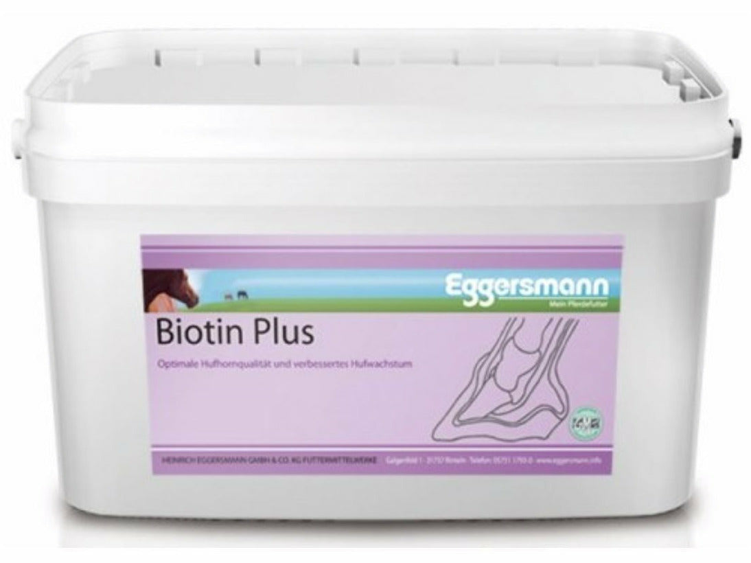 Eggersmann Profi Biotin Plus 4 kg Seine Wirkung als helfender Wirkstoff bei brüchigen und spröden Hufen, schlechter Hornqualität und stumpfem Haarkleid ist wissenschaftlich bewiesen. Biotin verbessert die Ausreifung von Keratinzellen. So wird die Hornbildung angeregt 
